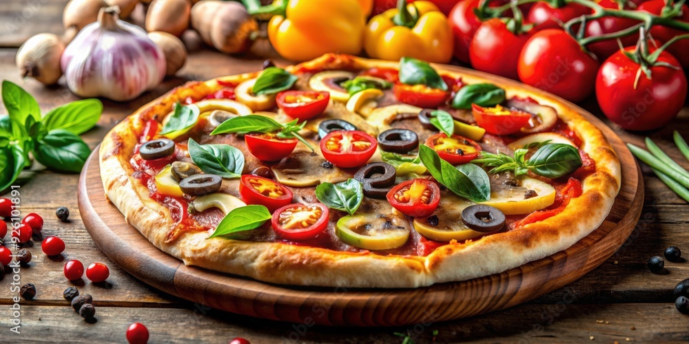 Delicious pizza topped with colorful vegetables and fresh mushrooms, pizza, vegetables, mushrooms, food, delicious, tasty Delicious pizza topped with colorful vegetables and fresh mushrooms, pizza, vegetables, mushrooms, food, delicious, tasty