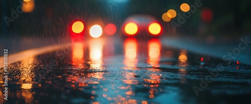 Blurred city lights reflected in a puddle of water during a rainstorm.