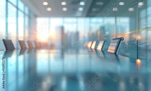 Blurred view of a meeting room with an empty table, chairs and large windows.