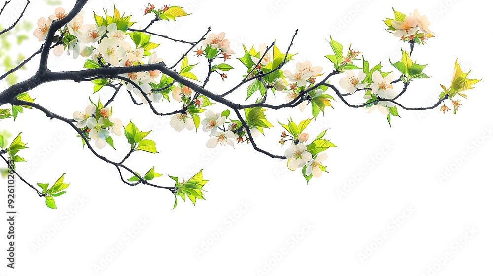 Branch of a tree with white blossoms and green leaves isolated on a white background. Branch of a tree with white blossoms and green leaves isolated on a white background.