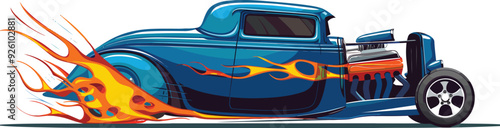 Detailed vector illustration of a powerful muscle car adorned with dynamic flame designs, showcasing speed and intensity with vibrant colors and bold graphics