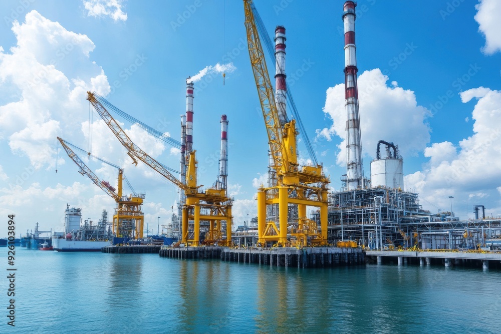 Giant cranes unloading crude oil at a port refinery, symbolizing the intricate link between demand and the global supply chain. Giant cranes unloading crude oil at a port refinery, symbolizing the intricate link between demand and the global supply chain.