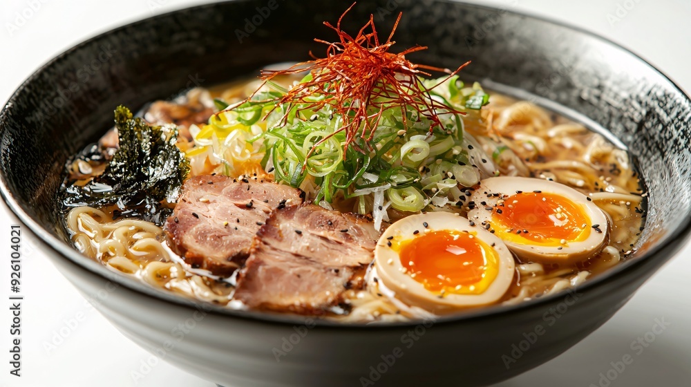 Vibrant Digital Painting of Delicious Ramen with Rich Broth and Toppings on White Backgrou Vibrant Digital Painting of Delicious Ramen with Rich Broth and Toppings on White Backgrou