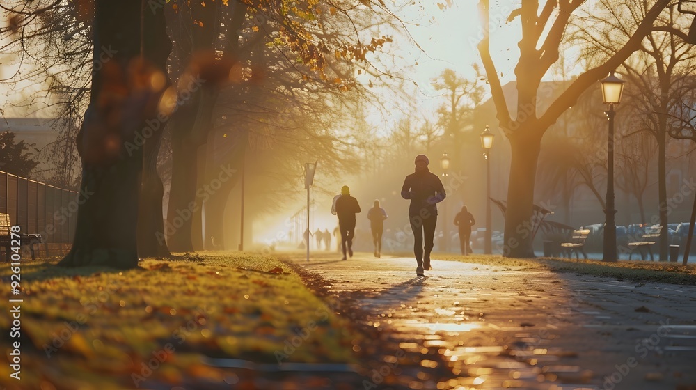 Tranquil City Park with Early Risers During Vibrant Sunrise Tranquil City Park with Early Risers During Vibrant Sunrise
