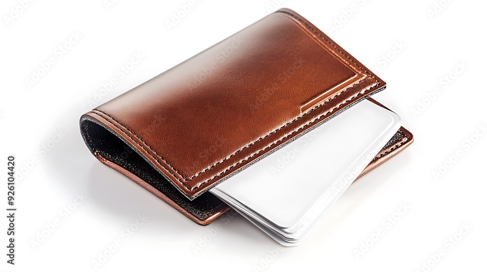 Brown leather wallet with white cards inside. Brown leather wallet with white cards inside.