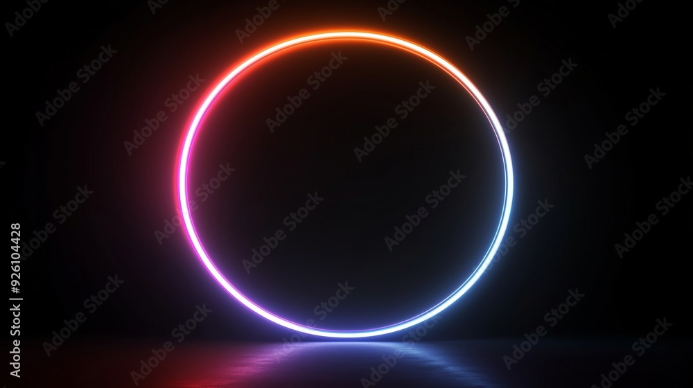 Vibrant Neon Circle in Darkness with Reflective Surface Vibrant Neon Circle in Darkness with Reflective Surface