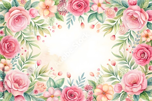 Watercolor Floral Frame with Rose Flowers in peach and pink colors. Hand drawn square Template for wedding invitation or greeting cards. illustration on isolated background. Botanical vintage Border.
