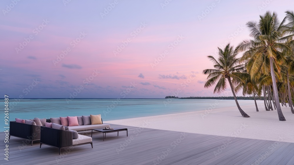 Fototapeta premium A stylish lounge on a villa deck showcases colorful cushions and panoramic ocean views during the enchanting golden hour light.