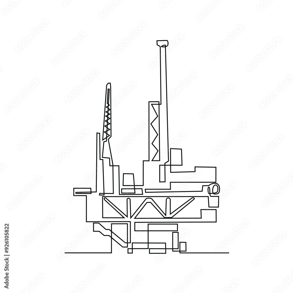 One continuous line drawing of Offshore platform vector illustration. Offshore platforms are large structures used in the oil and gas industry to extract petroleum resources from beneath the ocean . One continuous line drawing of Offshore platform vector illustration. Offshore platforms are large structures used in the oil and gas industry to extract petroleum resources from beneath the ocean .