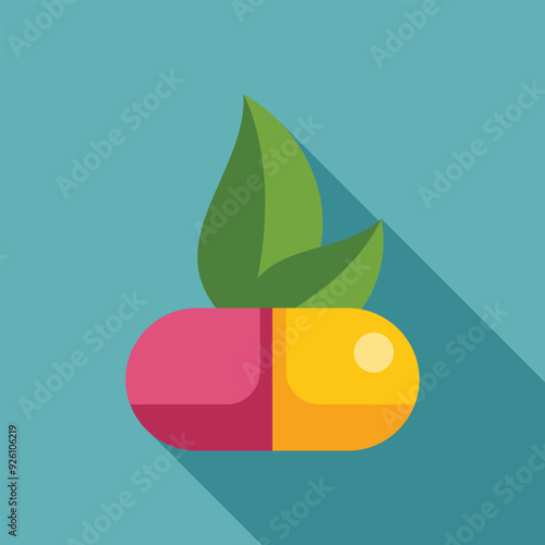 Pink and yellow pill with green leaves growing from the top representing natural medicine