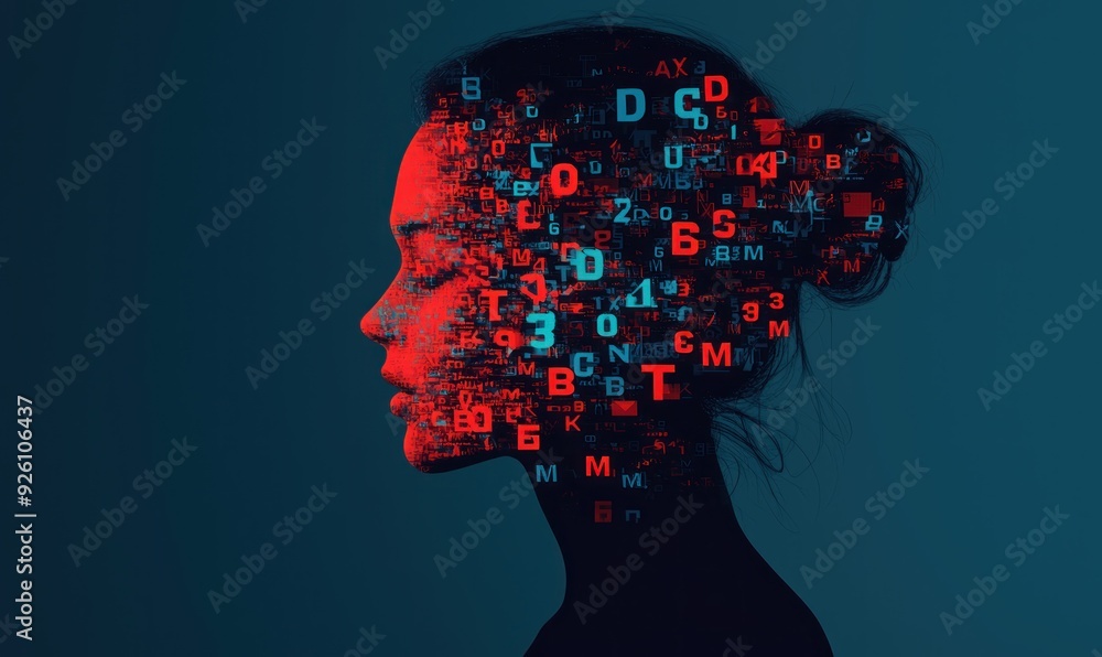 Face dissolving into a swirl of letters and numbers, Data-driven thought, visualizing the influence of information on identity. Face dissolving into a swirl of letters and numbers, Data-driven thought, visualizing the influence of information on identity.