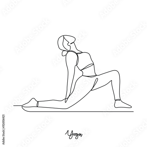 One continuous line drawing of Yoga activity vector illustration.  Yoga are combines physical postures, breathing technique, meditation, and philosophical principles. Sport theme design vector concept