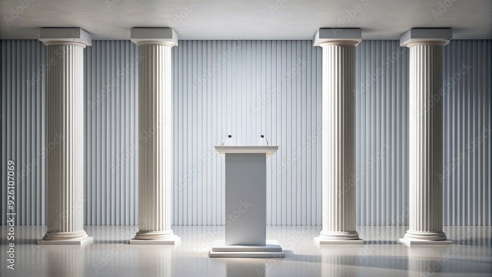 Classic interior space with podium and columns rendered in minimalist style, interior design, rendering, classic Classic interior space with podium and columns rendered in minimalist style, interior design, rendering, classic
