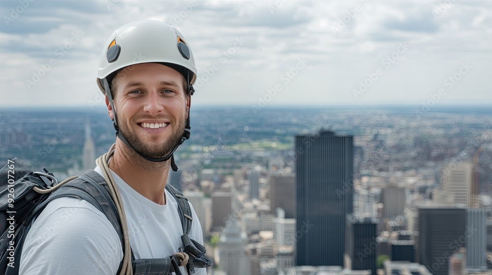 A smiling male construction worker stands confidently on a skyscraper, wearing a helmet while overlooking the vibrant city skyline filled with tall buildings A smiling male construction worker stands confidently on a skyscraper, wearing a helmet while overlooking the vibrant city skyline filled with tall buildings