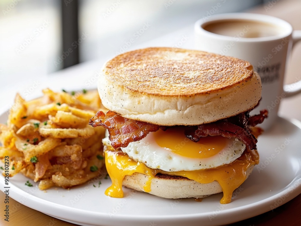 A delicious breakfast sandwich with bacon, egg, and cheese, served with curly fries and coffee. A delicious breakfast sandwich with bacon, egg, and cheese, served with curly fries and coffee.