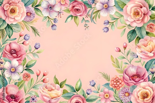 Watercolor Floral Frame with Rose Flowers in peach and pink colors. Hand drawn square Template for wedding invitation or greeting cards. illustration on isolated background. Botanical vintage Border.
