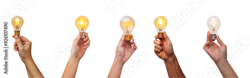 hand-holding light bulb is glowing isolated on a transparent or white background, cut-out, PNG