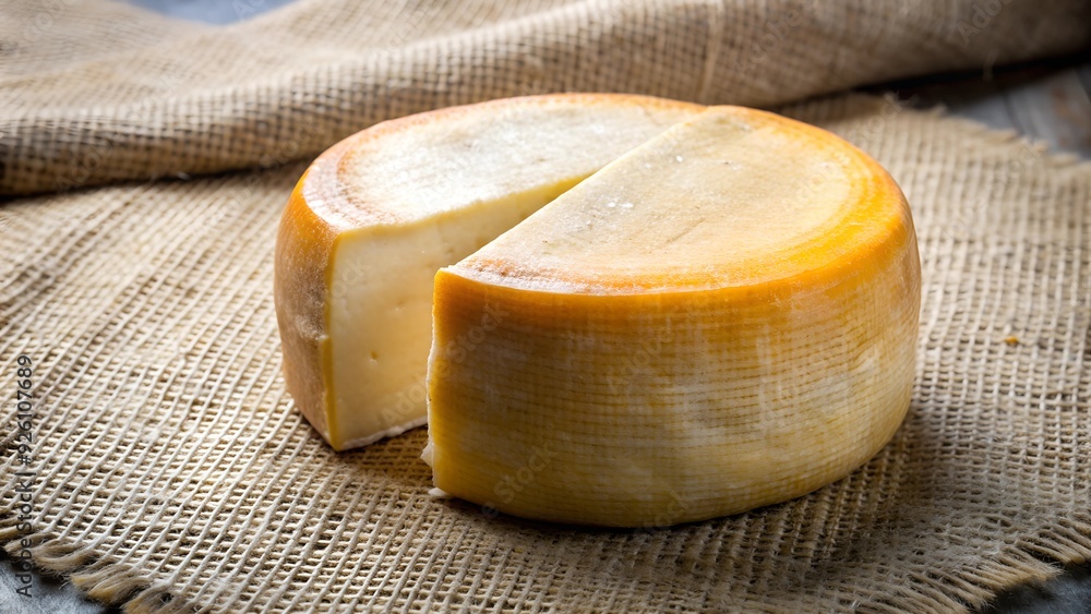 cheese cut into portions from a round head, on a canvas clot
