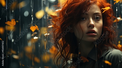 Young Woman with Wavy Red Hair in an Autumn Scene, Pensive and Serene Expression