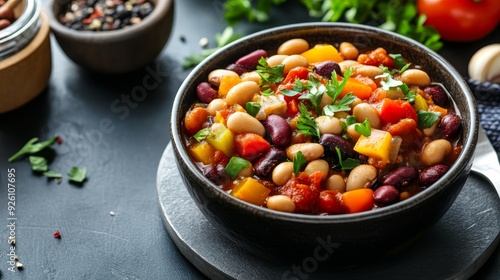 Delicious Vegetarian Chili with Beans and Vegetables - A bowl of hearty vegetarian chili, loaded with kidney beans, white beans, tomatoes, peppers, and fresh parsley. This chili is a healthy and satis