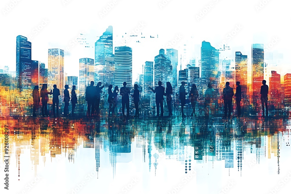 Fototapeta premium Silhouettes of People in a Cityscape.