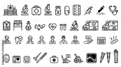 A set of medical and healthcare icons shown in a clean and simple line art style on a white background. Includes various medical symbols, equipment, and professionals. Vector illustration