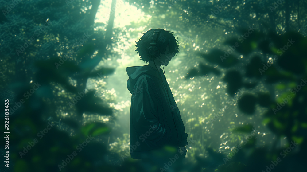 Stylish young man with headphones walking through a forest deep in thought with a sad expression Stylish young man with headphones walking through a forest deep in thought with a sad expression
