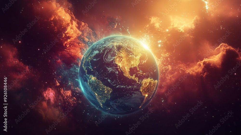 Cosmic Inferno: Earth engulfed in fiery nebula, vibrant cosmic art depicting our planet amidst swirling nebulae and celestial fire. A breathtaking view of Earth from space. Cosmic Inferno: Earth engulfed in fiery nebula, vibrant cosmic art depicting our planet amidst swirling nebulae and celestial fire. A breathtaking view of Earth from space.