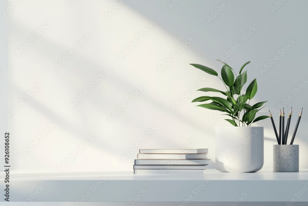 Copy space for displaying your product on a white tabletop with books, pencil stand, and a potted plant in a modern white office room. with generative ai Copy space for displaying your product on a white tabletop with books, pencil stand, and a potted plant in a modern white office room. with generative ai