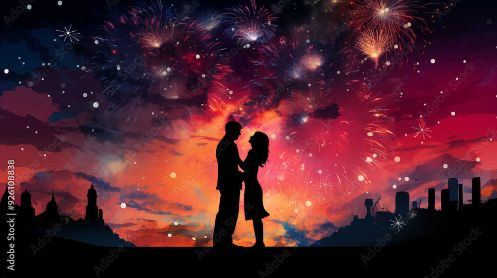 Romantic Silhouette Of A Couple Amidst Explosive Fireworks In A Night Sky With Cityscape Romantic Silhouette Of A Couple Amidst Explosive Fireworks In A Night Sky With Cityscape