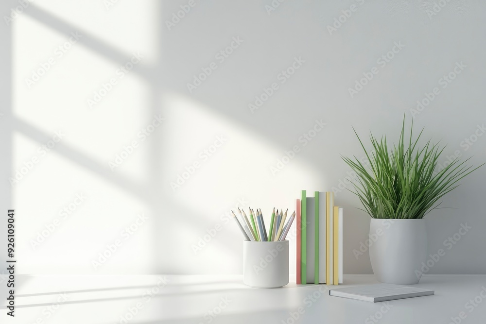 Copy space for displaying your product on a white tabletop with books, pencil stand, and a potted plant in a modern white office room. with generative ai Copy space for displaying your product on a white tabletop with books, pencil stand, and a potted plant in a modern white office room. with generative ai