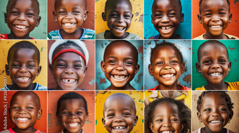 Happy African children in a grid with different plain backgrounds. The concept of childhood, beauty. Lifestyle. Happy African children in a grid with different plain backgrounds. The concept of childhood, beauty. Lifestyle.