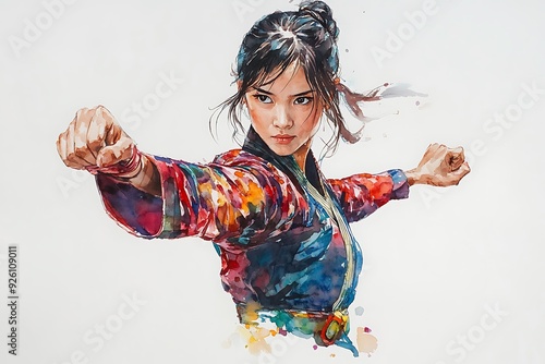 Watercolor painting of a woman in a colorful kimono, striking a martial arts pose. photo