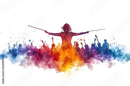Watercolor Illustration of an Orchestra Conductor Leading an Orchestra.