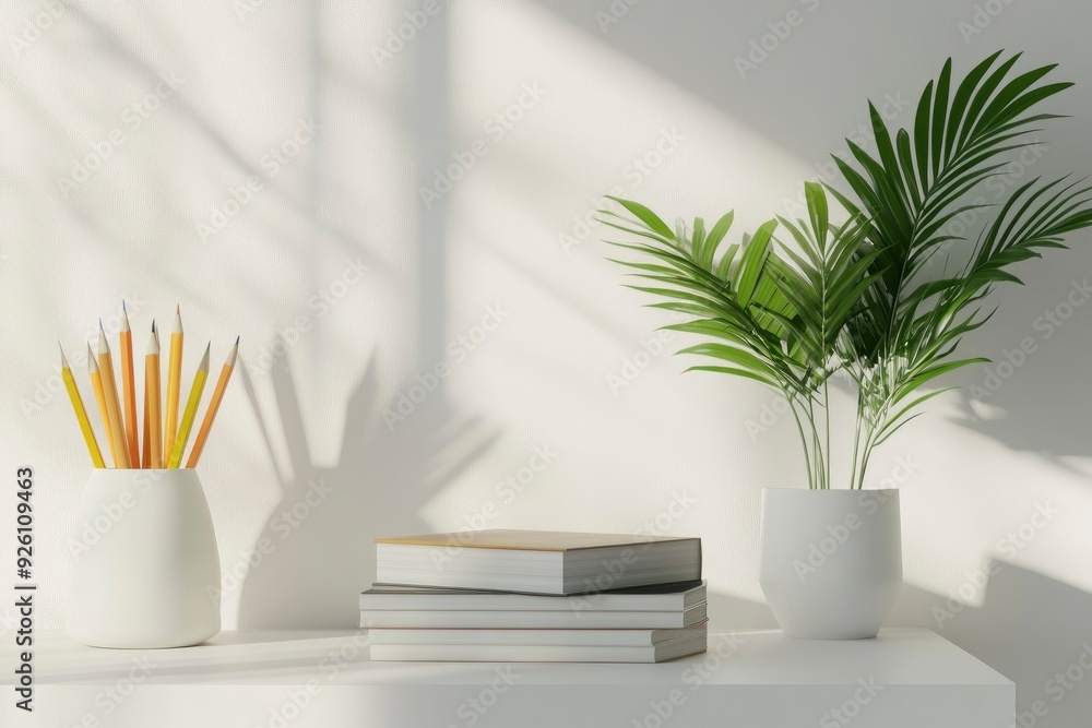 Copy space for displaying your product on a white tabletop with books, pencil stand, and a potted plant in a modern white office room. with generative ai Copy space for displaying your product on a white tabletop with books, pencil stand, and a potted plant in a modern white office room. with generative ai