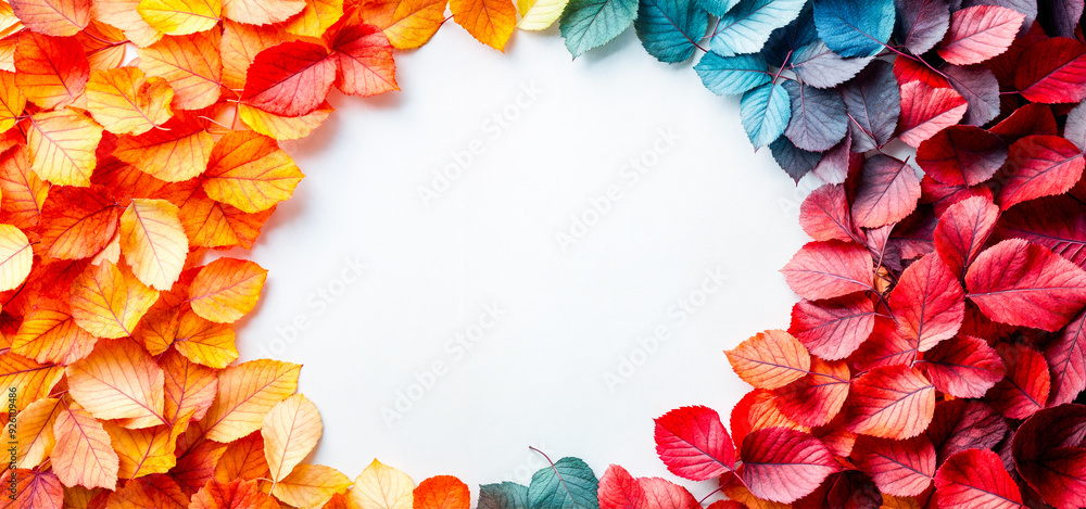 Feuilles mortes d'automne arc-en-ciel disposées en cercle sur fond blanc Feuilles mortes d'automne arc-en-ciel disposées en cercle sur fond blanc