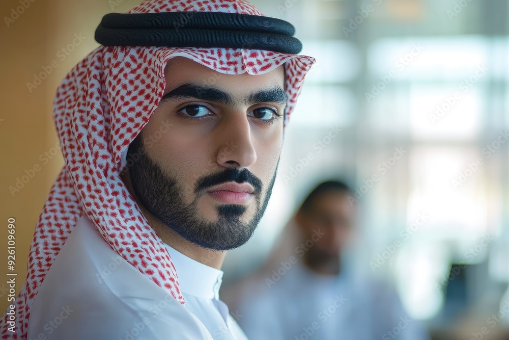 Emirati Arab at office wearing Kandura looking at front ideal for Middle East business concept with generative ai Emirati Arab at office wearing Kandura looking at front ideal for Middle East business concept with generative ai