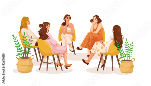 A group of women sitting in a circle on yellow chairs, engaging in a group discussion. The background is white with potted plants. Concept of community and support. Vector illustration