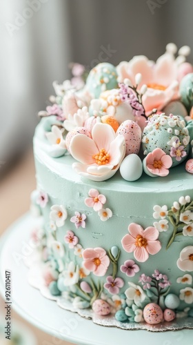 The intricately designed cake features delicate flowers and colorful eggs perfect for a festive occasion