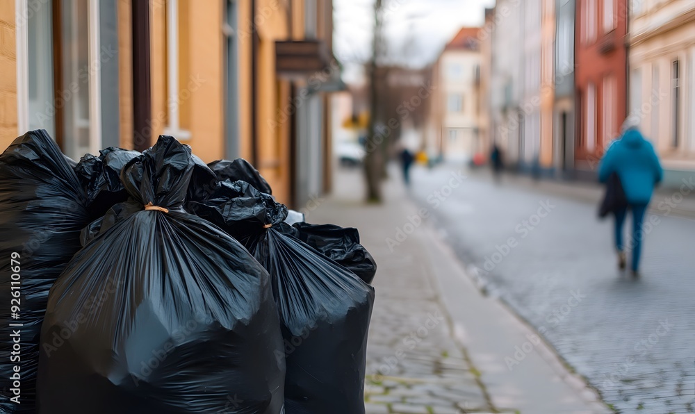 Obraz premium Black garbage bags piled up on a city street, Generative AI