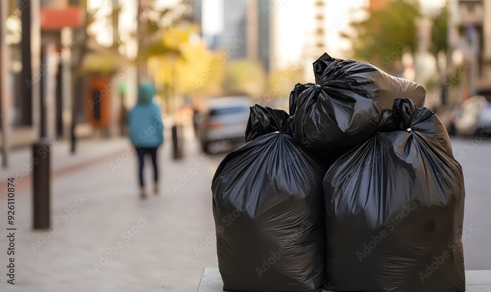 Obraz premium Black garbage bags piled up on a city street, Generative AI