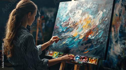 A woman is painting a picture of a blue ocean with a brush. She is using a variety of colors, including blue, yellow, and red. The painting is in progress, and the woman is focused on her work