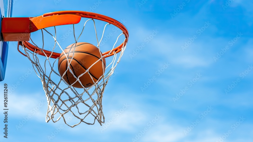 A basketball gracefully passes through the hoop, with a clear blue sky and a basketball court visible in the background. A basketball gracefully passes through the hoop, with a clear blue sky and a basketball court visible in the background.