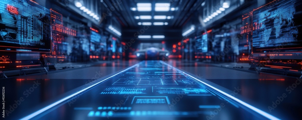 Obraz premium An advanced aerospace factory floor features holographic interfaces displaying economic indicators.
