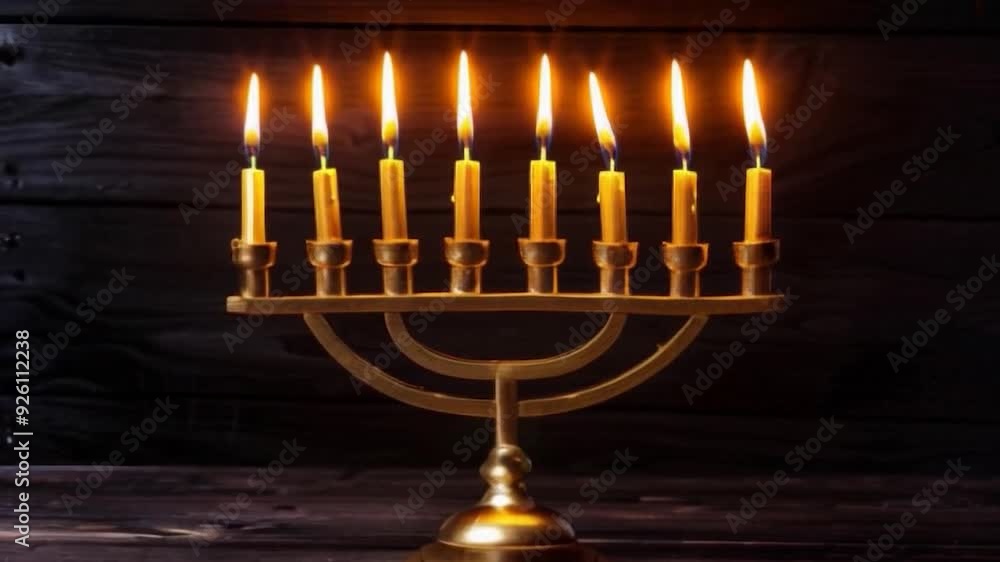 lit candles burning in menorah against dark wooden background for hanukkah celebration festive holiday smooth zoom out animation video lit candles burning in menorah against dark wooden background for hanukkah celebration festive holiday smooth zoom out animation video