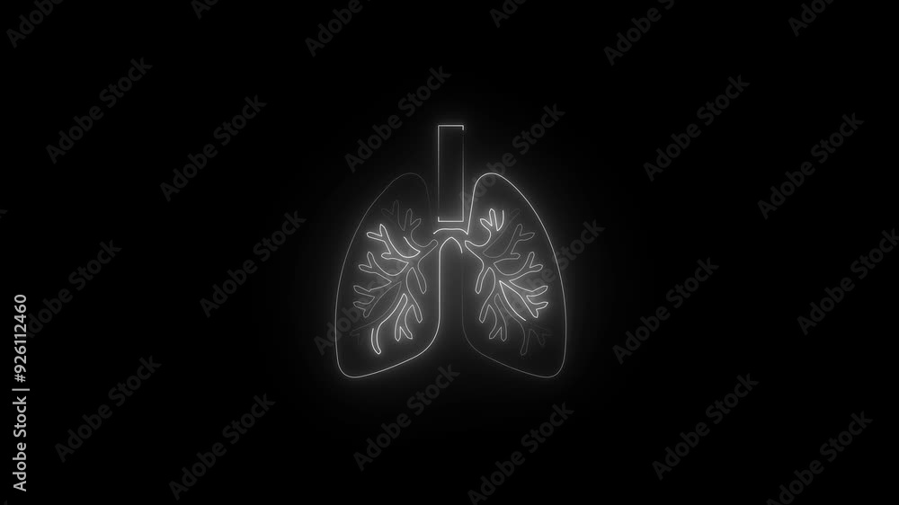 Human respiratory system, lungs, anatomy and animation. Neon line lung icon isolated on black background. Human respiratory system, lungs, anatomy and animation. Neon line lung icon isolated on black background.