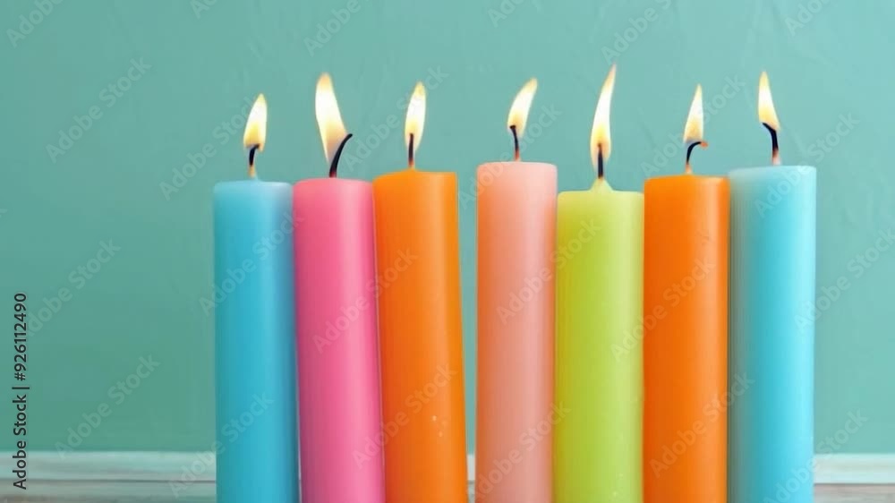 lit colorful candles in row burning against teal background smooth animation pan video lit colorful candles in row burning against teal background smooth animation pan video