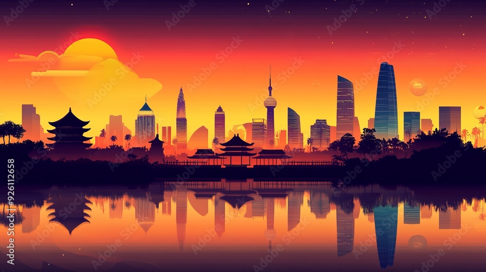 A skyline representing Asia, featuring iconic landmarks from various countries. This travel and tourism-themed background highlights famous Asian monuments and architecture A skyline representing Asia, featuring iconic landmarks from various countries. This travel and tourism-themed background highlights famous Asian monuments and architecture