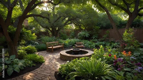 Shade Garden. Shade-loving plants and flowers under trees and shaded areas. Cool and lush garden setting. Sheltered Style photo