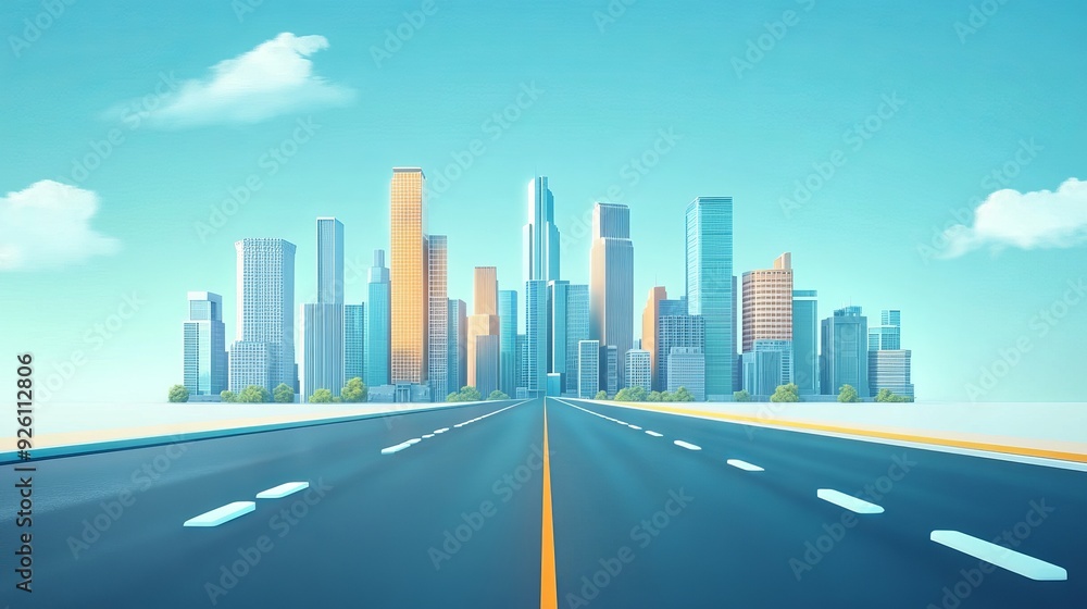 A 3D illustration of a straight road, perfect for advertisements, featuring a highway with a city skyline in the background. A 3D illustration of a straight road, perfect for advertisements, featuring a highway with a city skyline in the background.